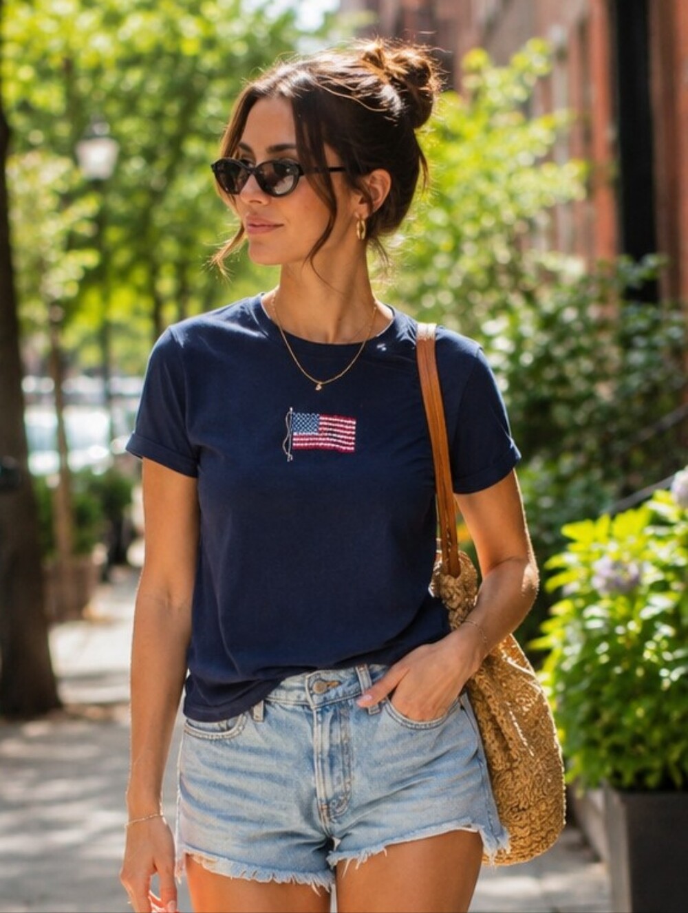 Karen Scott Navy Short Sleeve Tee with Flag Motif
